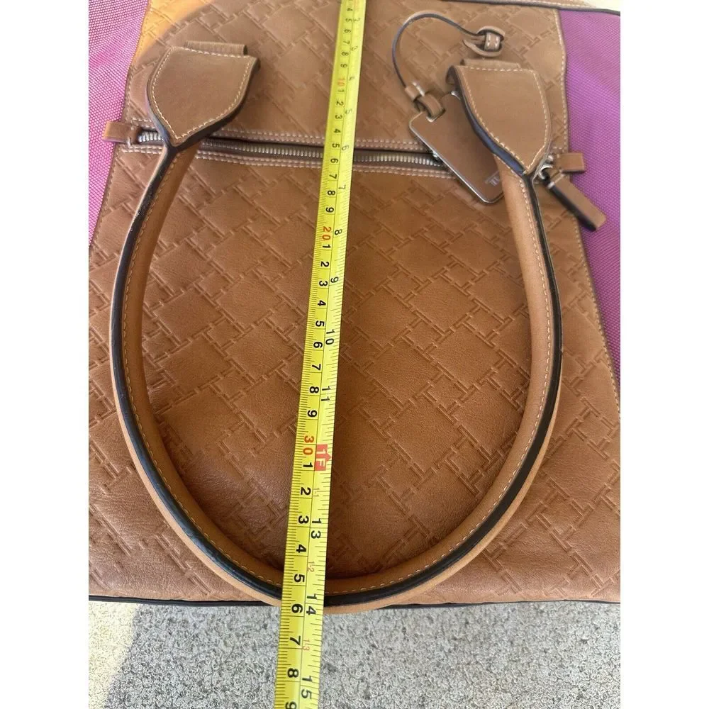Tumi Tote Bag Tan Embossed Leather Purple Nylon Monogram Travel‎ Work Bag